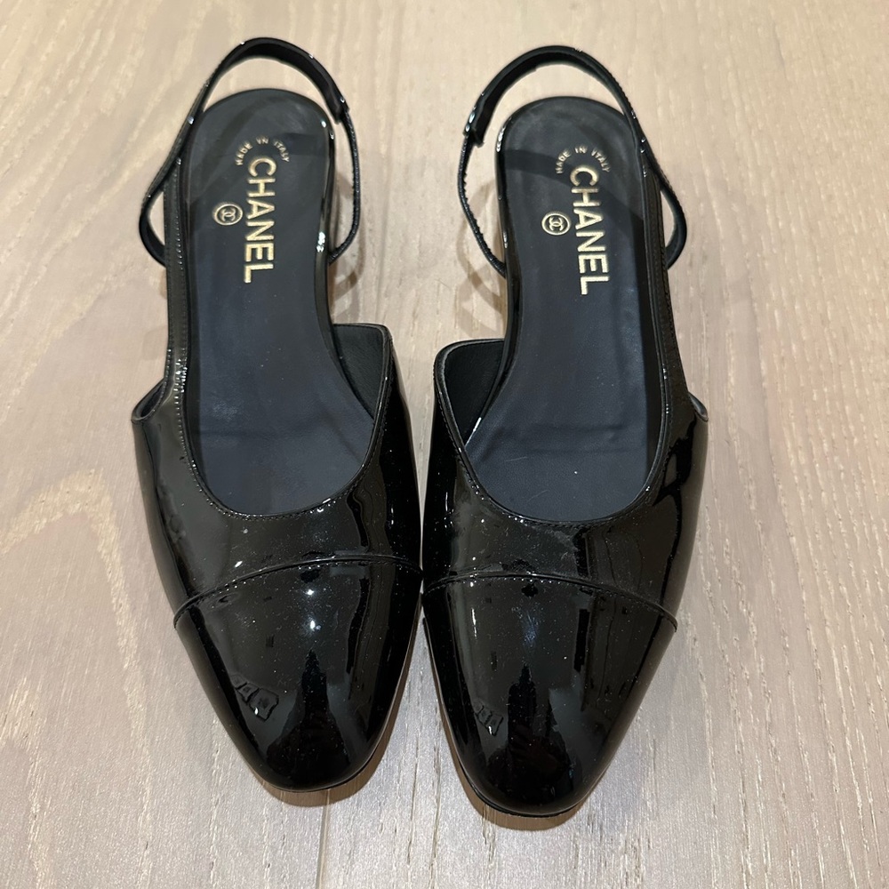 Chanel Black Patent Leather Sling-back Flat